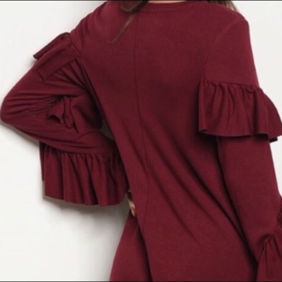WINE RUFFLE LONG SLEEVE DESIGN DRESS - Picture 6 of 8